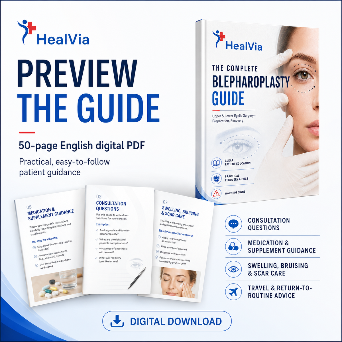 Additional content preview from the HealVia blepharoplasty guide